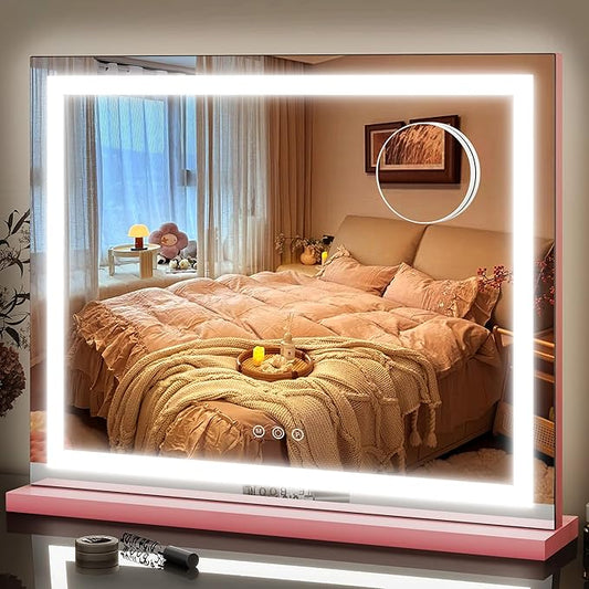 FENNIO Vanity Mirror with Lights 23"x18", Lighted Makeup Mirror, Large Vanity Mirror, Touch Sensor with 3-Color Lighting, 10X Magnification and USB Charging Port for Vanity Desk（Square Pink）