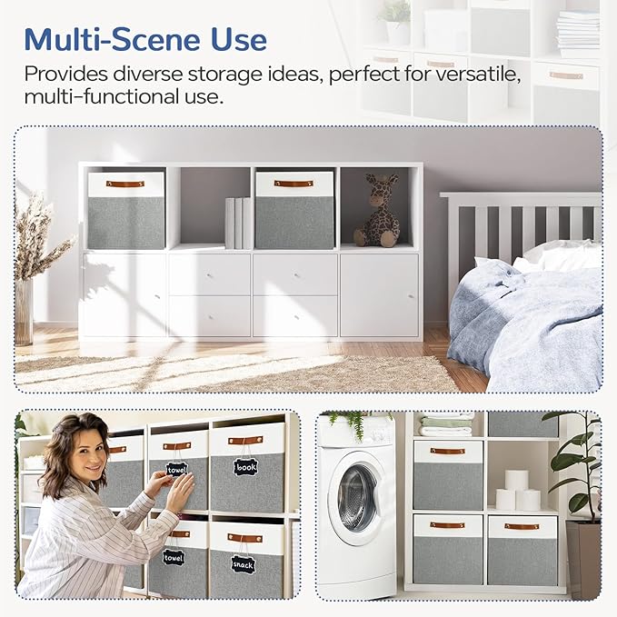 13x13 Storage Cubes 4-Pack, Large Foldable Fabric Cube Storage Bin with Reinforced Bottom and Labels, Organizer Baskets for Shelves, Closets(White/Gray)