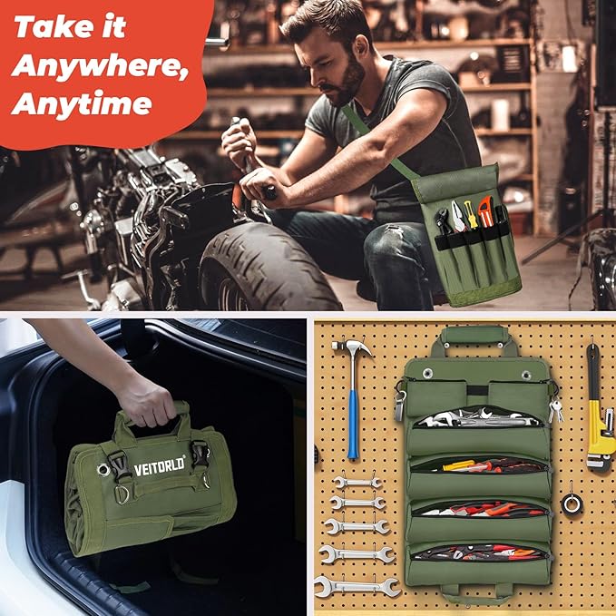 Roll Up Tool Bag, Gifts for Him Men Dad Husband Boyfriend Valentines Day, Portable Tools Storage for Men, Heavy Duty Tool Organizer W/Detachable Pouches for Electrician Mechanic Carpenter
