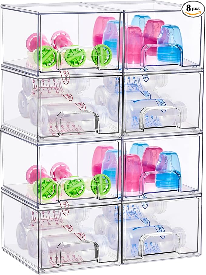 Sorbus Stackable Acrylic Storage Drawers, 8 Pack Clear Plastic Organizer Bins for Baby Bottles, Makeup, Bathroom, Vanity & Kitchen Countertop Organization, Pull-Out Drawer Design for Cabinets & Pantry