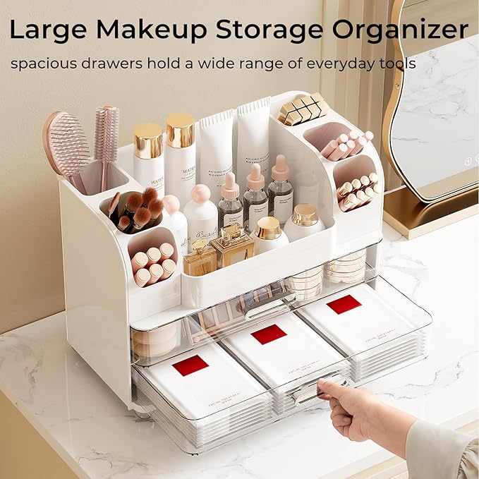 Makeup Organizer for Vanity with 2 Large Drawers, Cosmetic Display Case with Brush Holders, Easy to Storage for Bathroom Countertop Skincare, Desk Office Supplies, White