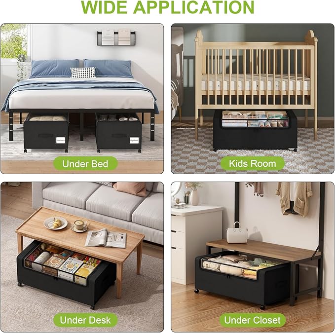 Webetop Under Bed Storage Containers with Wheels,12 inch Under the Bed Storage Bins with Clear Lid for Underneath Small Spaces Dorms, Blankets (2 Pack, 30.7"x17.3"x12")