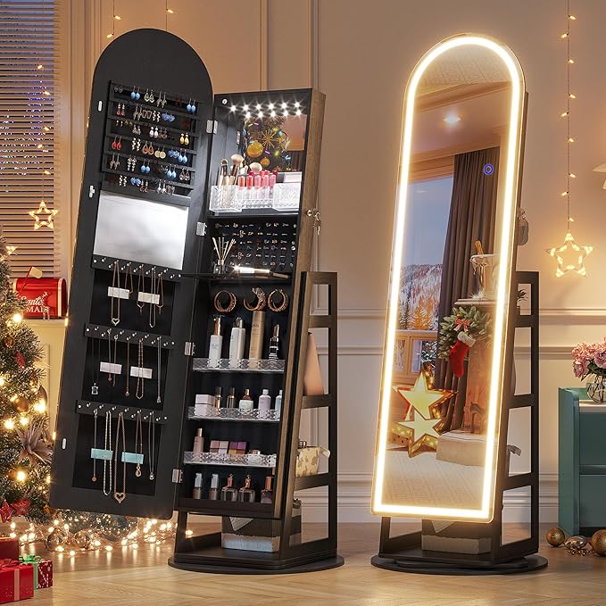 LVSOMT LED Mirror Jewelry Cabinet Standing, Lockable Jewelry Armoire with Arched Full-Length Mirror and Adjustable LED Lights, Space-Saving Jewelry Organizer with Mirror(Black)