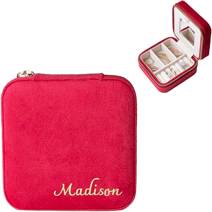 Customizable Compact Velvet Jewelry Box with Mirror, Travel Jewelry Case, Travel Jewelry Organizer, Jewelry Box for Women and Girls, Small Jewelry Organizer (Bottom Right Text, Wine Red)