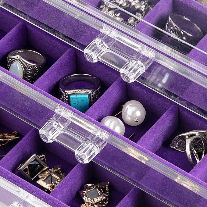 Frebeauty Acrylic Jewelry Organizer Earring Organizer Box with 5 Drawers Earring Holder Organizer with Velvet Trays Clear Jewelry Box for Women Earring Display for Rings Studs(Purple)