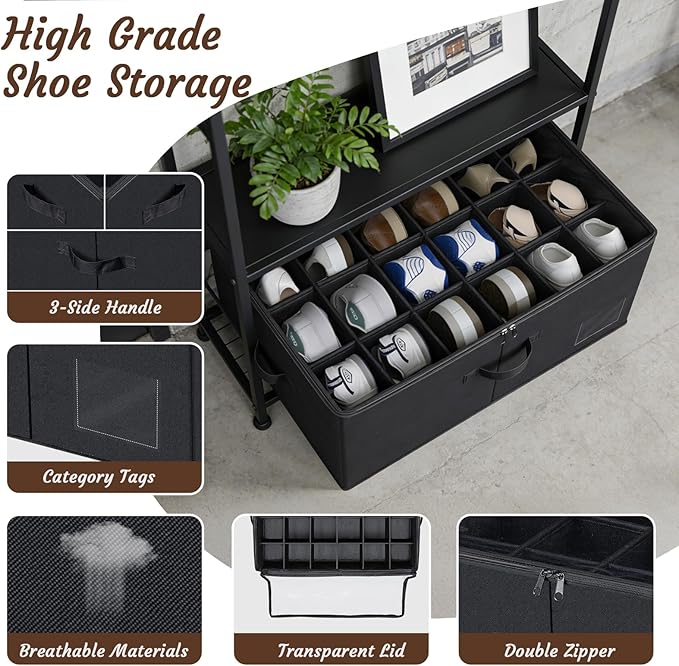 24 Pair Shoe Storage Box, Foldable Closet Shoe Organizer with Adjustable Dividers & Clear Cover, Space-Saving Shoe Containers for Home