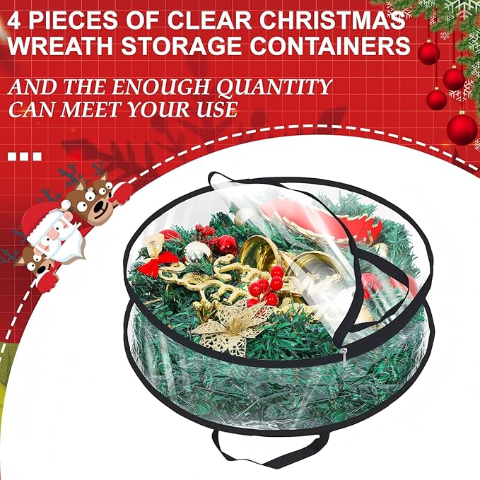 Zhengmy 4 Pack 30" 24" Wreath Storage Container Clear Christmas Wreath Storage Bags with Handle and Dual Zipper Plastic Decorative Garland Protector for Xmas Seasonal Holiday(Black)