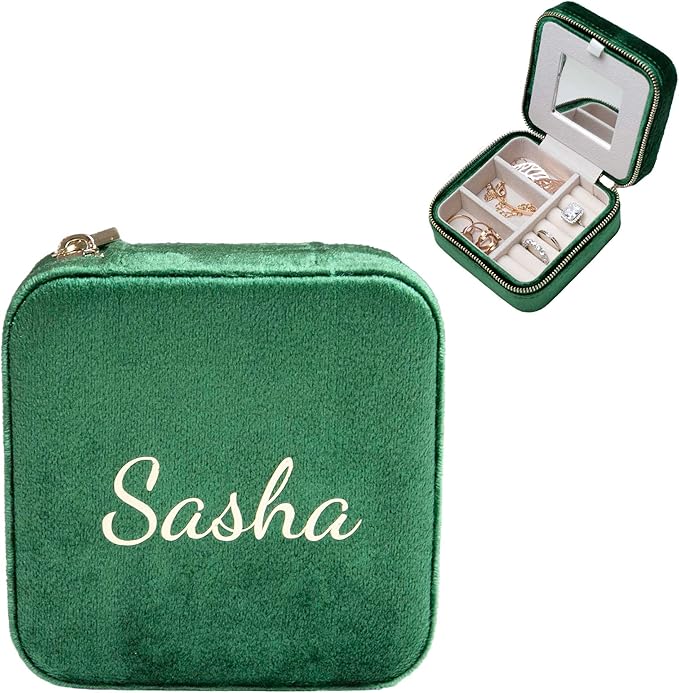 Customizable Compact Velvet Jewelry Box with Mirror, Travel Jewelry Case, Travel Jewelry Organizer, Jewelry Box for Women and Girls, Small Jewelry Organizer (Center Text, Emerald Green)