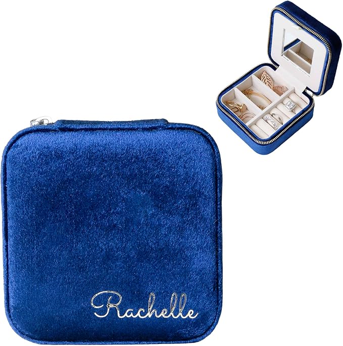 Customizable Compact Velvet Jewelry Box with Mirror, Travel Jewelry Case, Travel Jewelry Organizer, Jewelry Box for Women and Girls, Small Jewelry Organizer (Bottom Right Text, Winter Blue)
