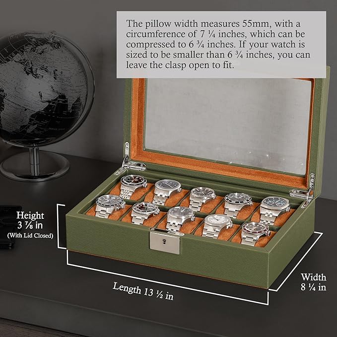 ROTHWELL 10 Slot Leather Watch Box - Luxury Case Display Jewelry Organizer - Locking Watch Display Case Holder with Large Glass Top - Box Organizer for Men and Women (Green/Tan)