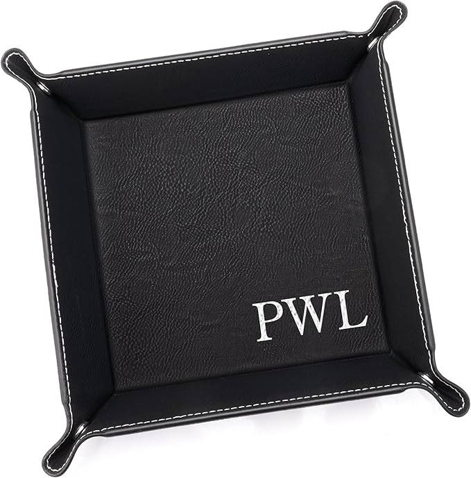 Lifetime Creations Monogrammed Valet Tray (Black) - Personalized Vegan Leather Catchall, Change Tray, Groomsmen Gift, Desk Dresser Organizer