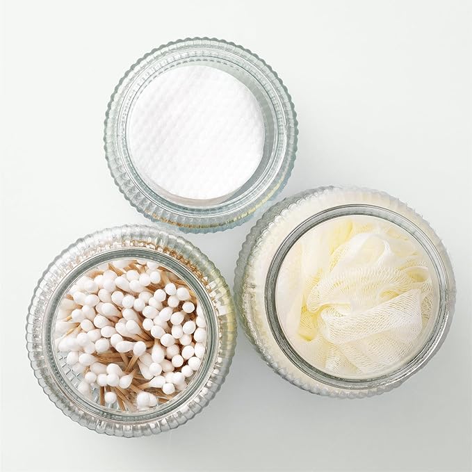 Navaris Bathroom Storage Ribbed Glass Canister Set of 3 - Multipurpose & Airtight for Cotton Wool Ear Buds, Pads, Q Tips, & Make Up - Organiser for Vanity & Dressing Table Decor