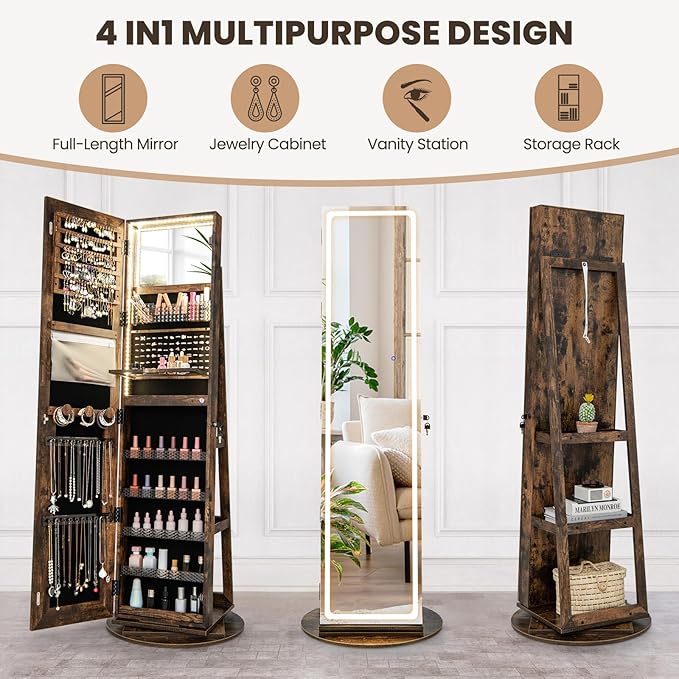 CHARMAID Swivel LED Mirror Jewelry Cabinet Armoire, Full Length Mirror with Storage, 3 Color & Adjustable Lights, Lockable Standing Jewelry Organizer with Lighted Mirror (Rustic Brown)