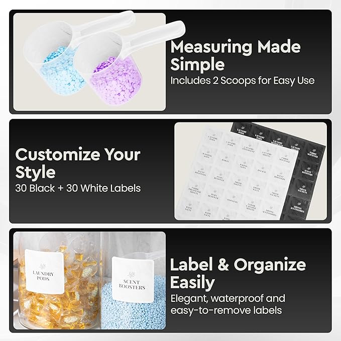 Laundry Pod Storage Container Set | Two 3L Glass Jars & One Acrylic Dryer Sheet Container with Bamboo Lids – Includes 2 Scoops, 60 Waterproof Laundry Labels – Dishwasher Safe