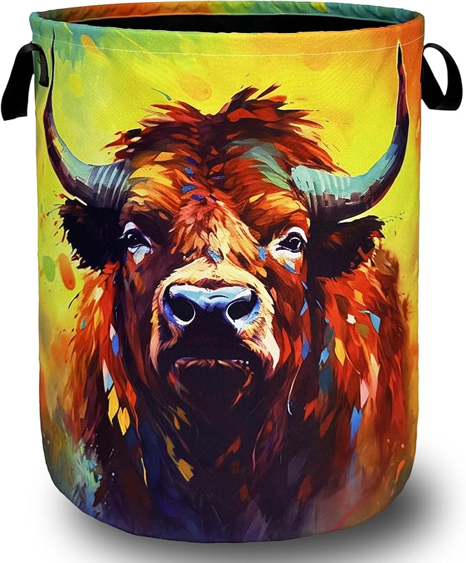 Highland Cow Laundry Hamper Foldable With Handles Funny Animal Tote Bag Oxford Cloth Colorful Laundry Basket Clothe Toy Storage Bucket 18.9"x16.5"For Bathroom/Laundry/Bedroom
