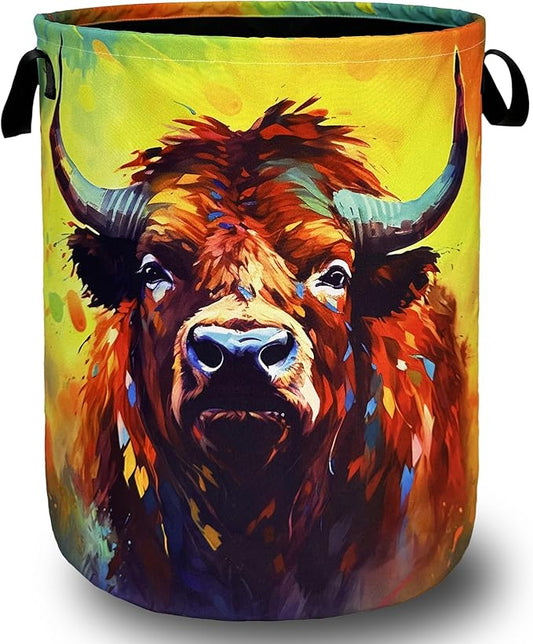 Highland Cow Laundry Hamper Foldable With Handles Funny Animal Tote Bag Oxford Cloth Colorful Laundry Basket Clothe Toy Storage Bucket 18.9"x16.5"For Bathroom/Laundry/Bedroom