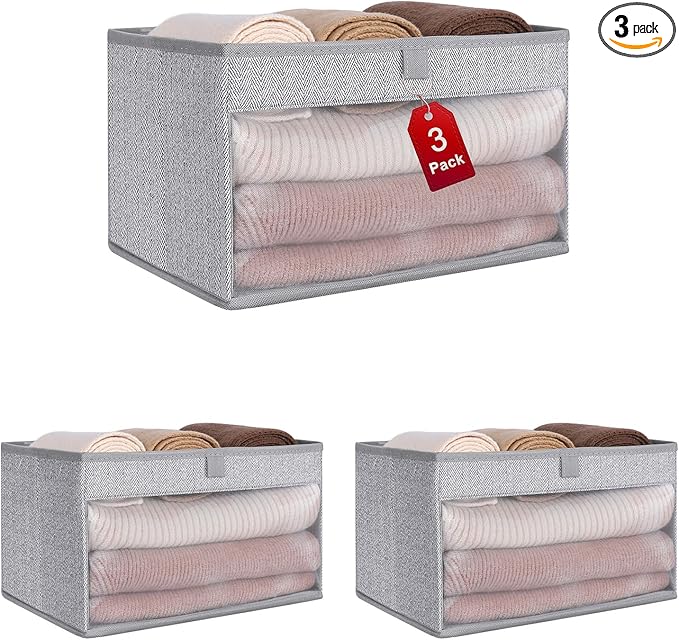WUIKE Closet Storage Bins, Large Fabric Storage Baskets with Clear Window, Foldable Organizer for Clothes, Shelves, Herringbone Gray, 3 Pack