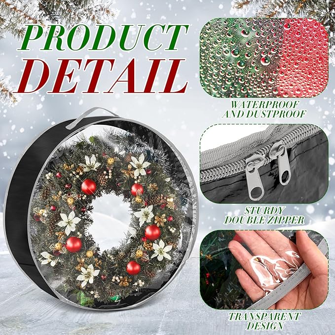 4 Pcs Christmas Wreath Storage Bag, Christmas Garland Storage Container with Clear Window, Zipper & Handle for Xmas Holiday Seasonal Wreath Garland Box(Black,30")