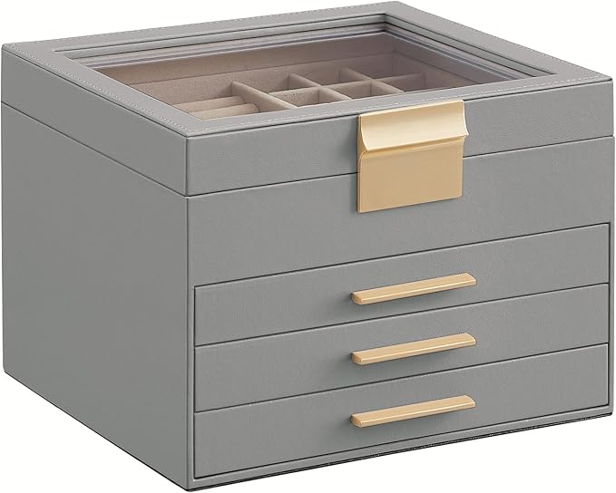 SONGMICS Jewelry Box Organizer with Glass Lid, 4-Layer Jewelry Storage, with 3 Drawers, Modern Style, 8 x 9.1 x 6.5 Inches, Dove Gray and Gold Color UJBC173G01