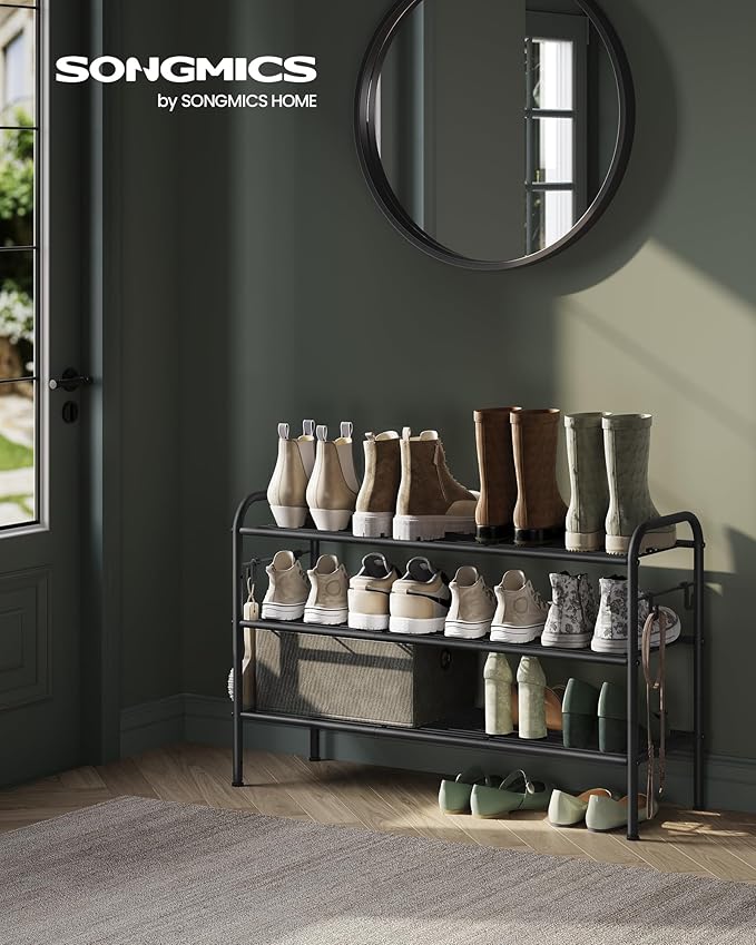 SONGMICS Shoe Rack, 3-Tier Shoe Organizer, Metal Shoe Shelf Storage with 4 Side Hooks, Holds 15 Pairs of Shoes, Height-Adjustable Shoe Rack for Entryway, Hallway, Closet, Ink Black ULMR138B01