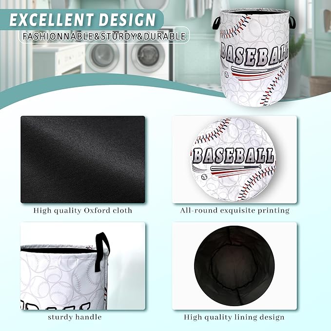 Baseball Laundry Hamper Foldable With Handles Balls Texture Tote Bag Universal Oxford Cloth Funny Laundry Basket Clothes Toy Storage Bucket 18.9" x 16.5" For Bathroom/Laundry/Bedroom