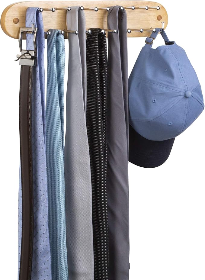 Richards Homewares Tie Rack Wall Mounted - Wood Belt Scarf Hanger with 21 Chrome Hooks for Closet for Storage and Organization Natural