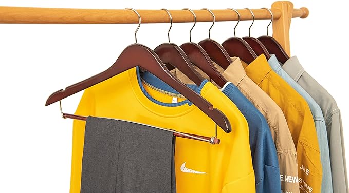 Quality Hangers Wooden Hangers Beautiful Sturdy Suit Coat Hangers with Locking Bar Chrome Hooks (100)