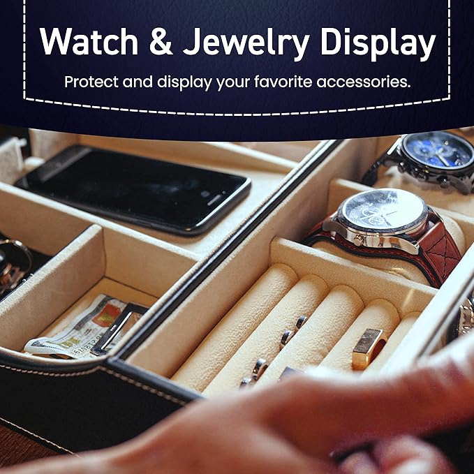 HOUNDSBAY Navigator Large Dresser Valet Tray & Mens Jewelry Box Organizer - Watch Box Organizer for Men with Angled Charging Station (Grey)