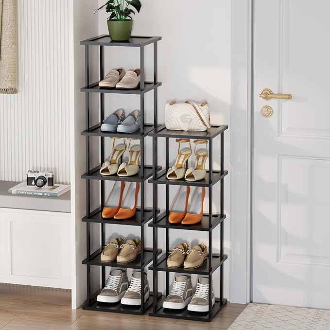 Vertical Tall Shoe Rack Organizer for Entryway -12 Tier Free Standing Slim Narrow Bamboo Wood Corner Stackable Shoe Boots Storage Stand Small Spaces for Closet Garage Cloakroom Living Room (Black)
