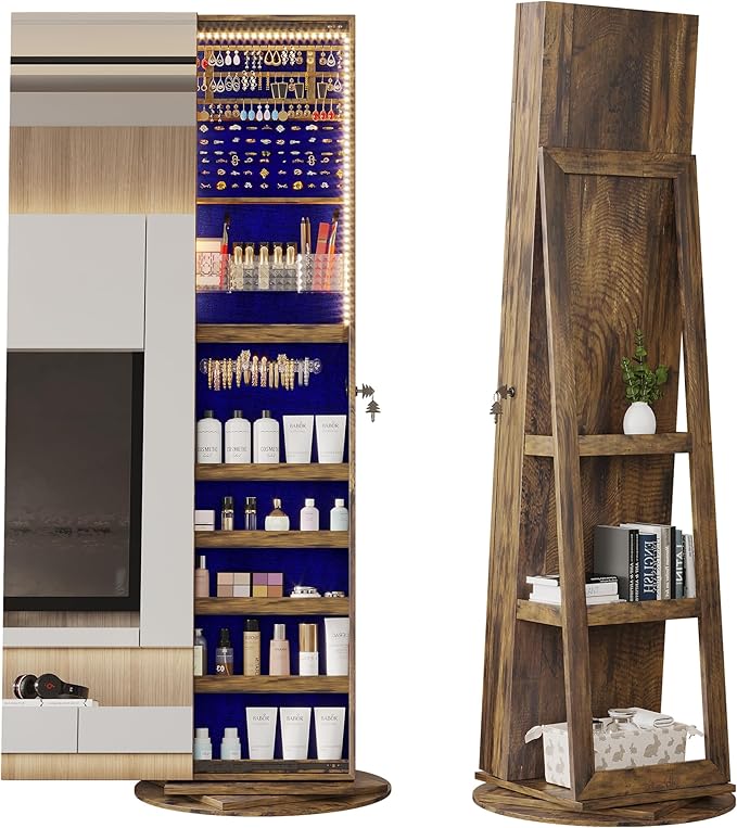 LVSOMT 360° Rotating Full Length Mirror Jewelry Cabinet with Sliding Door, LED Lighted Lockable Jewelry Armoire Organizer, Space-Saving Standing Mirror Storage for Bedroom Dressing Room (Retro Brown)