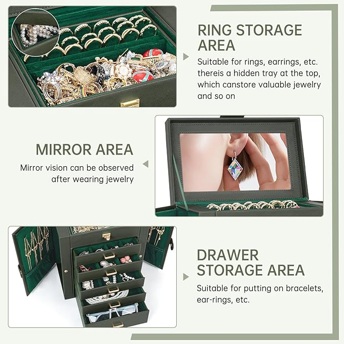 AKOZLIN 6-Tier Jewelry Box Organizer Functional 5 Drawers Leather Jewelry Storage Case for Women Girls Ring Necklace Earring Bracelet Holder Organizer with Mirror Dark Green