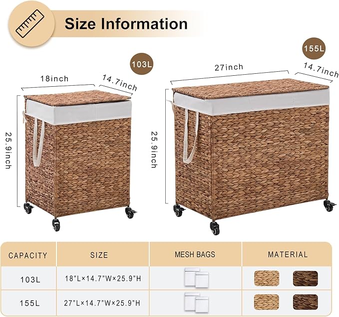 2-Section Laundry Hamper with Lid, Large Capacity Woven Natural Water Hyacinth Laundry Sorter with Removable Liners, Rolling or Non-Slip Design for Bedroom (Espresso, 2-Section)