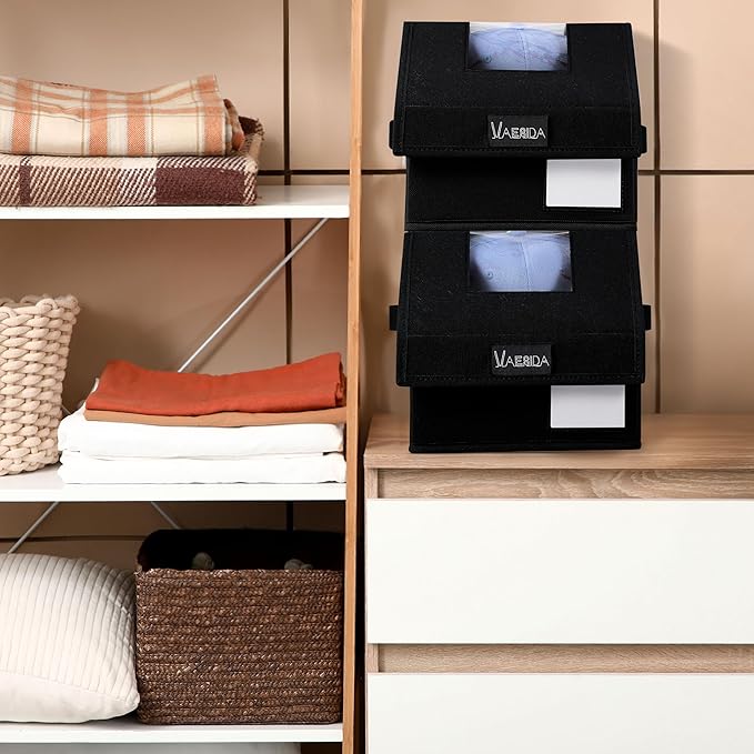 VAESIDA Hat Organizer for Baseball Caps, 4 Pack Hat Storage Box, Holds up to 56 Caps, Baseball Cap Organizer for Closet/Shelf, Hats Box Holder | Stackable, Foldable, Easy-Access, Clear Lid, Black