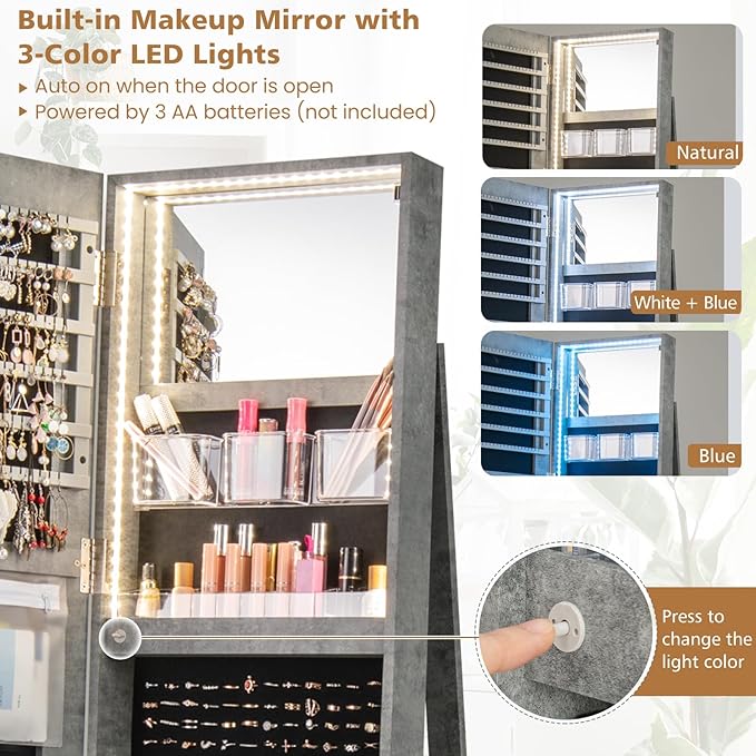 CHARMAID 360° Swivel Jewelry Armoire with Full Length Mirror, Rear Storage Shelves, Lockable Standing Jewelry Cabinet Organizer with Interior Vanity Mirror and 3-Color Lights (Stone Gray)