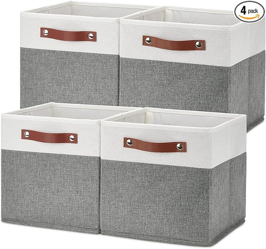Temary Cube Storage Bins 4 Pack Storage Cubes 11ﾗ11 Fabric Storage Bins Foldable Cube Storage Baskets with Handles, Collapsible Storage Basket for Shelf (White & Grey, 11 x 11 x 11)