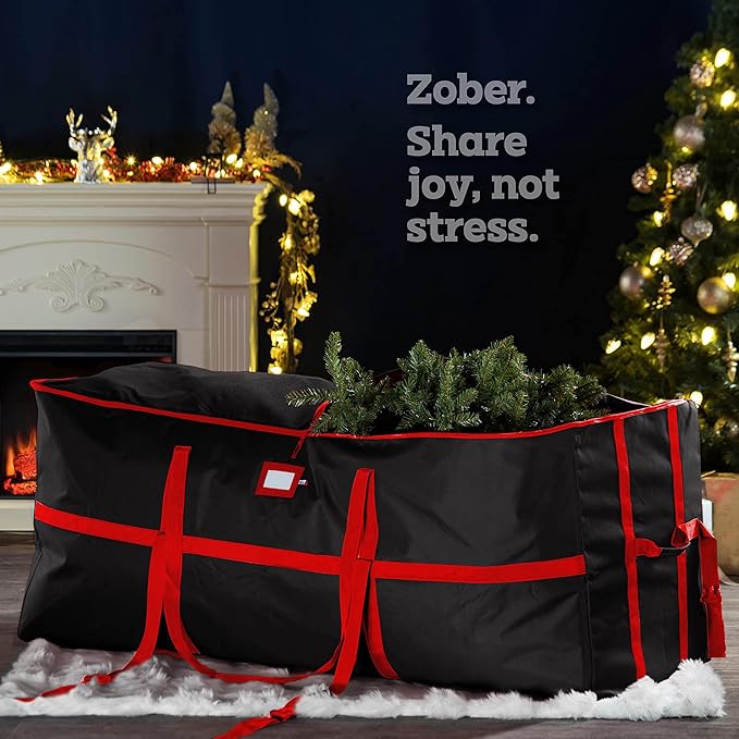 ZOBER Wide Christmas Tree Storage Bag - Maximum Accessibility - Fits 9 Ft Trees - 600D Oxford Fabric Christmas Tree Bag For Storage Box For Xmas - Strong, Durable Straps & Handles - Card Slot -Black