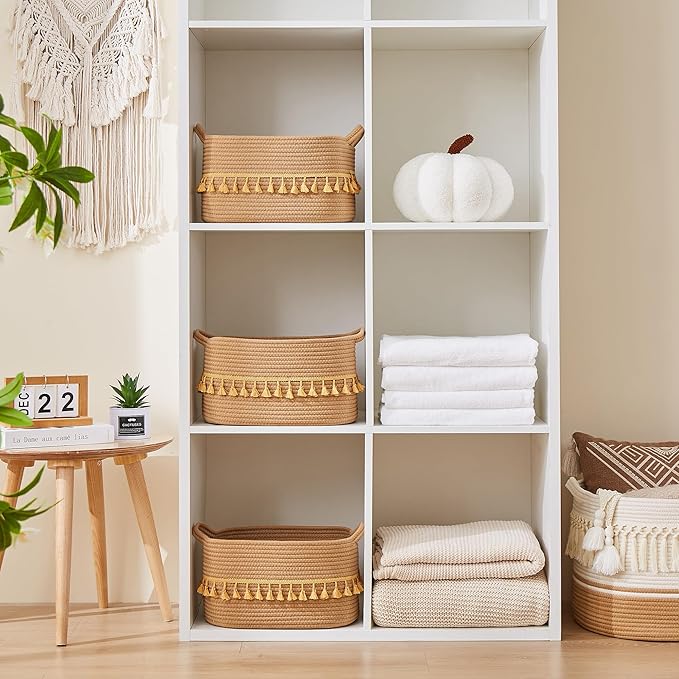 Storage Bins Woven Baskets for Storage Set of 3, Cotton Rope Basket with Handles for Toys/Shelves/Laundry, Rectangle Multi-Purpose Organizer for Living Room, Bedroom, Nursery (Brown)