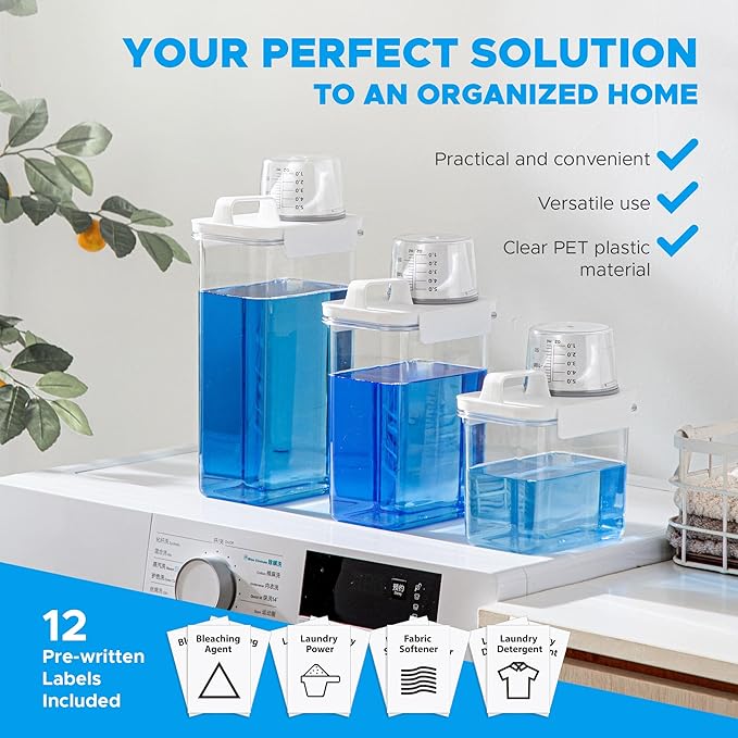 [3 Pack] Liquid Laundry Detergent Dispenser for Laundry Room Organization and Storage, 61oz Large Capacity Laundry Soap Containers with 12 Removable Labels, BPA Free & PET Plastic Clear