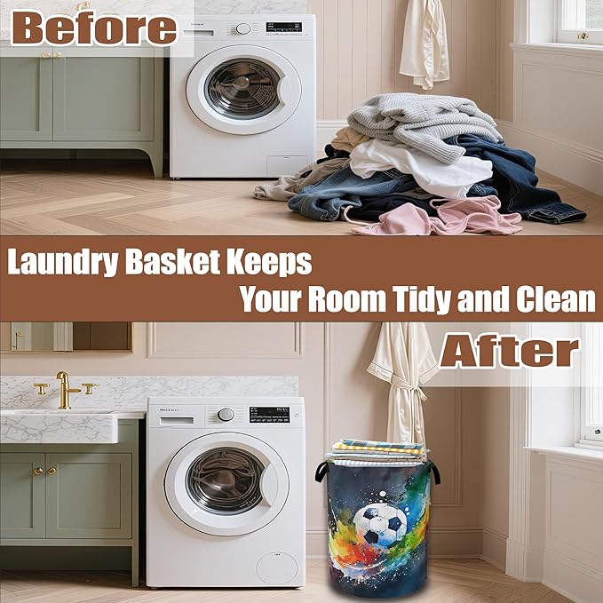 Abstract Soccer Laundry Basket,Waterproof Foldable Watercolor Ball Laundry Hamper,Dirty Clothes Basket, Linen Bin Storage Organizer Collection 16" x 20.8"