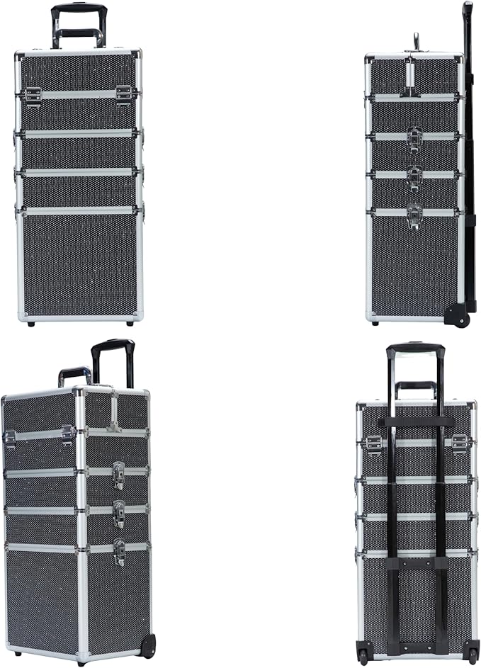 Makeup Rolling Train Case - Professional Cosmetics Organizer with Aluminum Frame, Folding Trays & Wheels, Portable for Travel & Studio (Black Diamond)