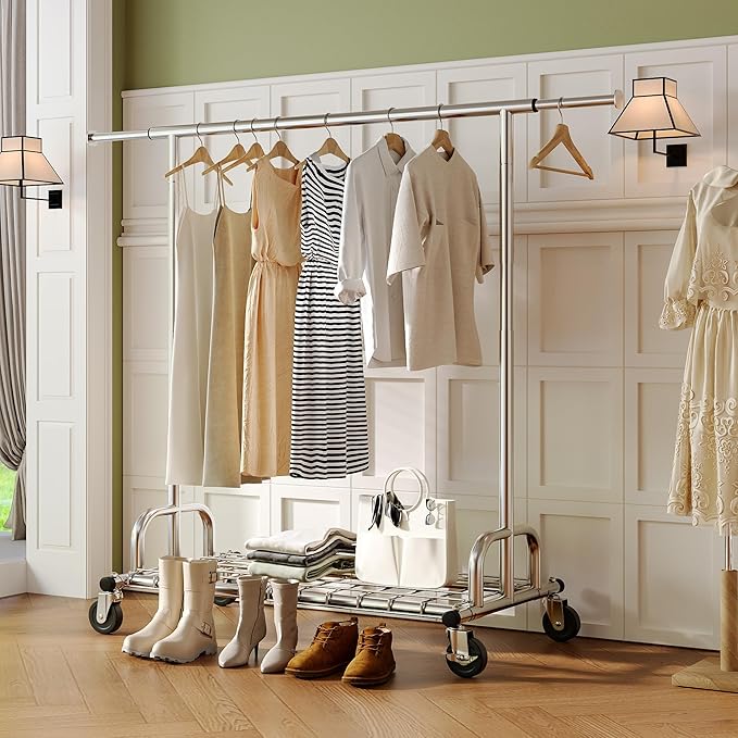 Raybee 75" W Heavy Duty Clothes Rack, 530 LBS Clothing Racks for Hanging Clothes, Rolling Clothing Rack with Sturdy Wheels, Metal Garment Rack for Bedroom, Laundry Room, Retail Store, Chrome