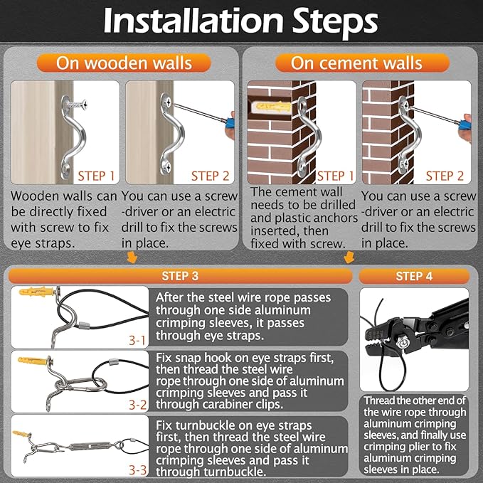 String Lights Hanging Kit, 164 FT Vinyl-Coated Stainless Steel Cable for Outdoor, Heavy Duty Crimping Plier, Turnbuckle & Hooks, Enough Accessories & Use Manual for Clothesline, Garden Rigging
