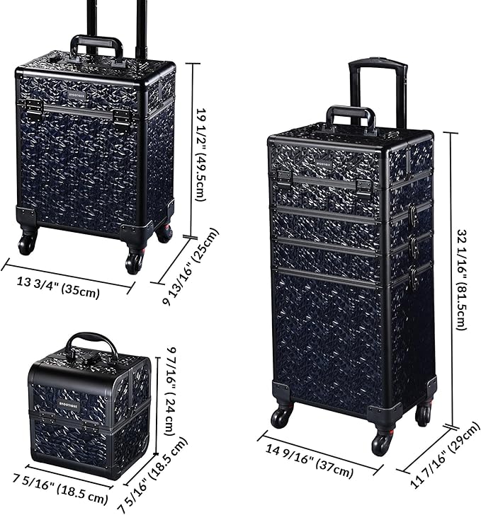 BYOOTIQUE Rolling Makeup Train Case on Wheels 3-Piece Lockable Cosmetology Organizer Kit Hair Tool Travel Bag for Lash Artist Nail Slon Beauty Studio Hairstylist Manicurist,Mermaid Black