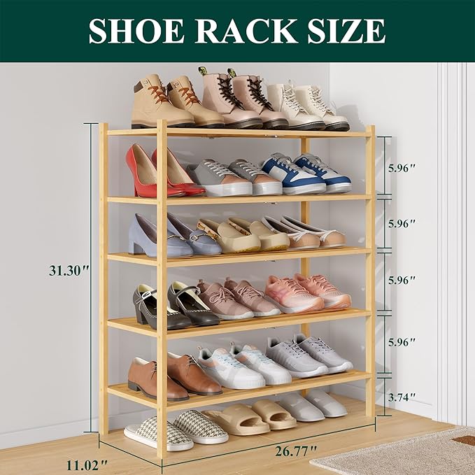 Smiry Bamboo Shoe Rack 5-Tier, Stackable Wooden Shoe Organizer for Entryway & Closet, Free Standing Wood Shoe Storage Shelf for Front Door & Small Spaces, Natural