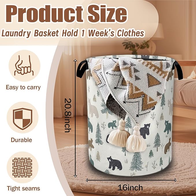 Bear Pine Tree Laundry Basket,Wild Animal Laundry Hamper Waterproof Oxford Cloth Tote Collapsible,Clothes Storage Bucket Decorative Toy Organizer For Bathroom Bedroom 16" x 20.8"
