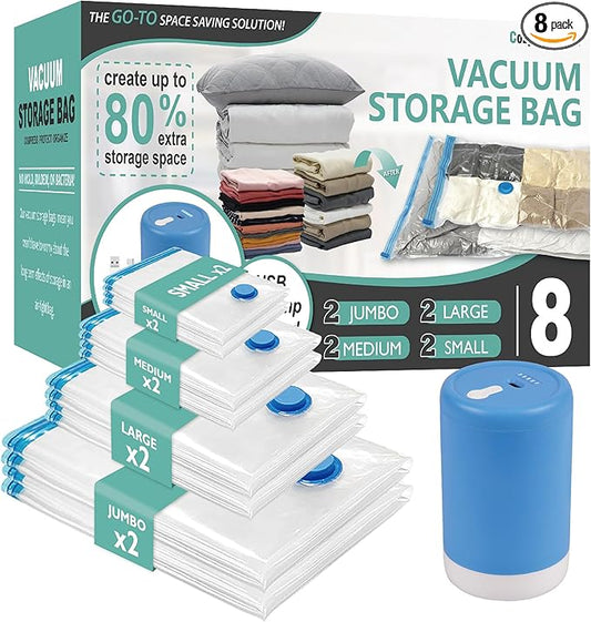 Cozy Essential 8 Pack Travel Vacuum Storage Bags with Rechargeable Wireless Electric Pump for Luggage, Suitcase, Carry-on Size Vacuum Seal Compression Space Saver Bags for Clothes and Clothing Travel
