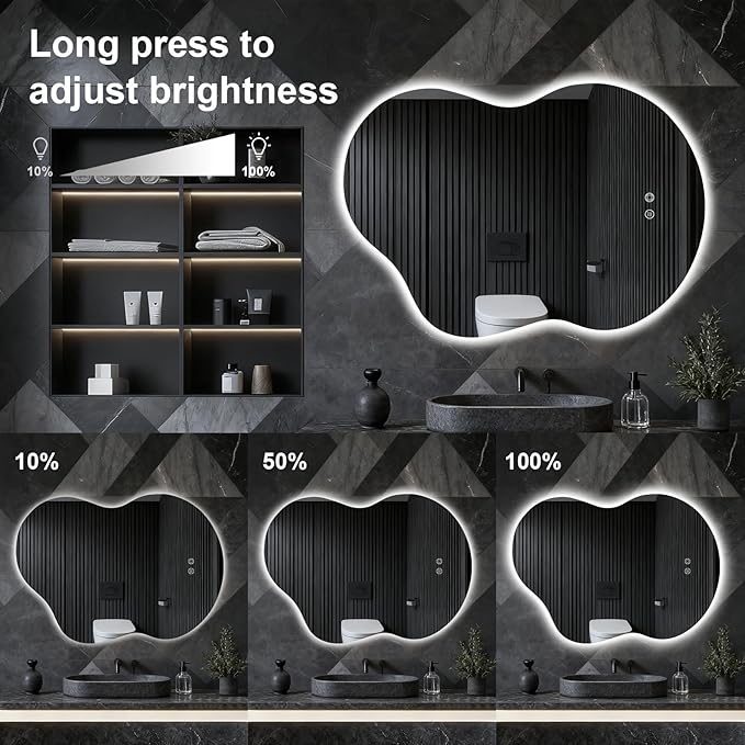 Asymmetrical Lighted Mirror for Bathroom,Modern LED Vanity Mirror with Backlit,Fog-Free,Tri-Color Dimmable Lighting with Memory Function,Hardwire Ready [Horizontal/Vertical] 40" H x 30" W