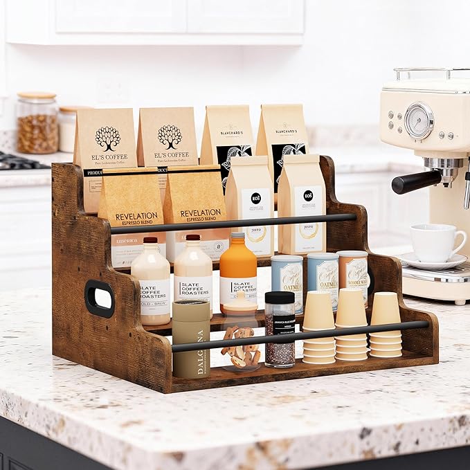 19.6”W x 15.74" D x 12.5" H Inches Versatile 4-Step Coffee Syrup & Water Bottle Organizer Rack Multi-Functional Retro Display Shelf for Kitchen or Bar, Holds Liquor & Spirits, Wooden