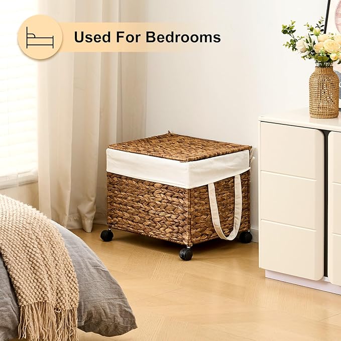 Laundry Hamper with Lid, Large Capacity Woven Natural Water Hyacinth Laundry Sorter with Removable Liners, Rolling or Non-Slip Design for Bedroom (Espresso, 60L)