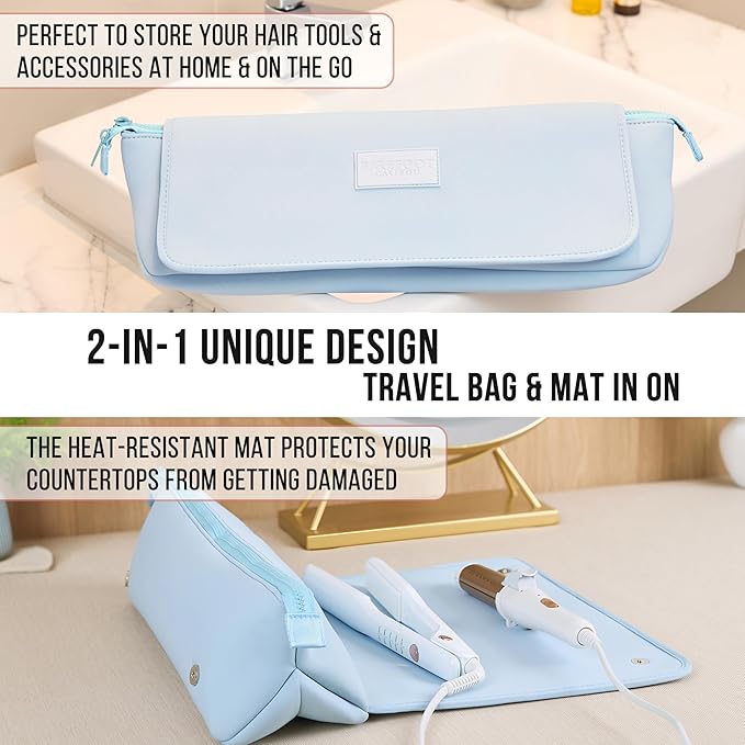 BAREFOOT CARIBOU Hair Tools Travel Bag and Heat Resistant Mat for Flat Irons, Straighteners, Curling Iron, and Haircare Accessories, 2-in-1 design, with Interior Pockets, Portable Organizer